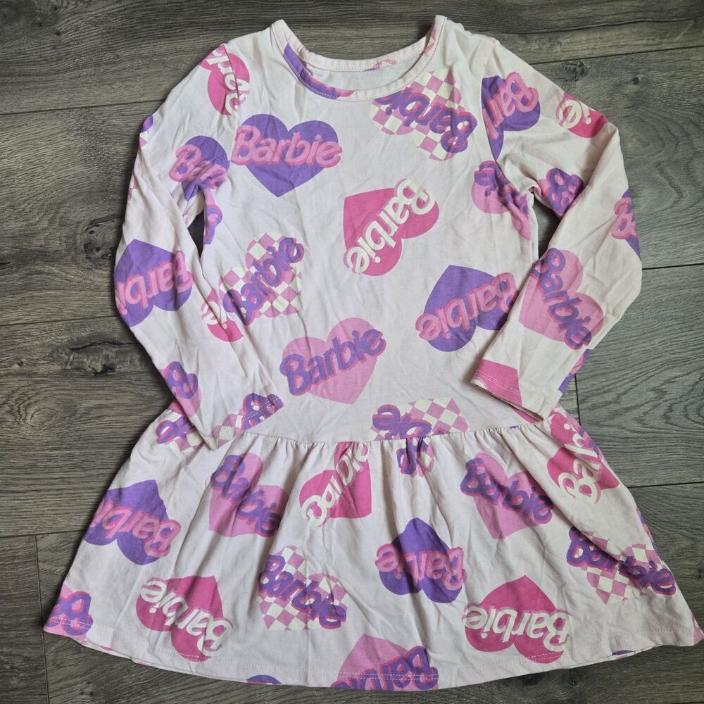 Barbie Toddler Girls 5T Long Sleeve Drop Waist Dress Pink Hearts Barbiecore Y2K